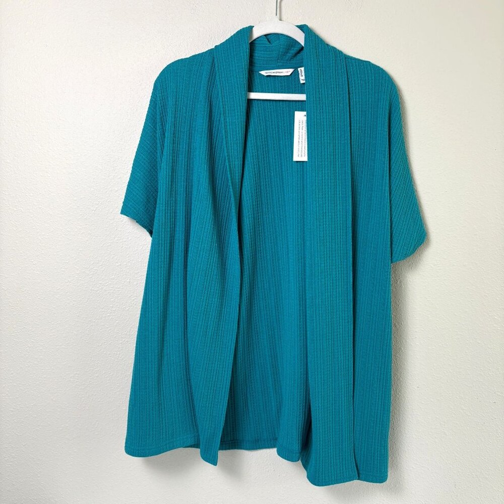 Issac Mizrahi Cardigan Sweater Womens Size L‎ Blue Short Sleeve Open Pockets